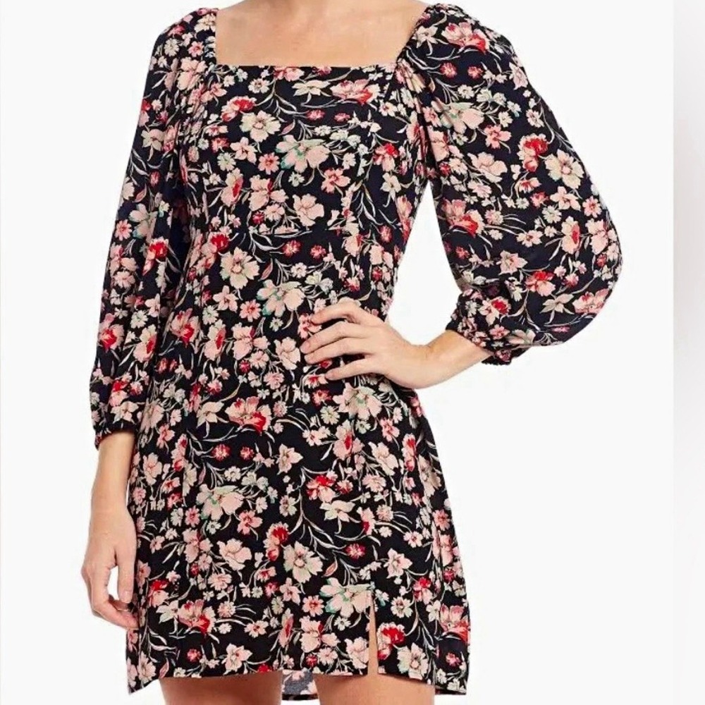 Sanctuary Cilia Floral Smocked Square Neck Puff Sleeve Mini Dress Black Pink 12